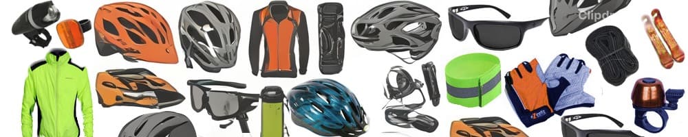 cycling equipment on white background, sport bicycle, helmet, shorts, gloves, glasses